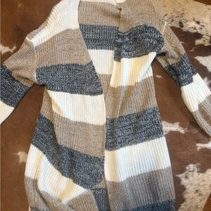 Cozy Striped Open-Front Women's Sweater Cardigan - Taupe, Cream & Charcoal